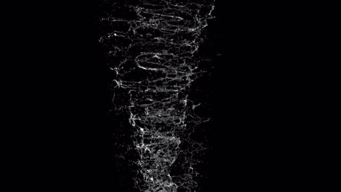 液态水龙卷风在黑色背景上旋转成漩涡。3D动画4K。与阿尔法哑光。