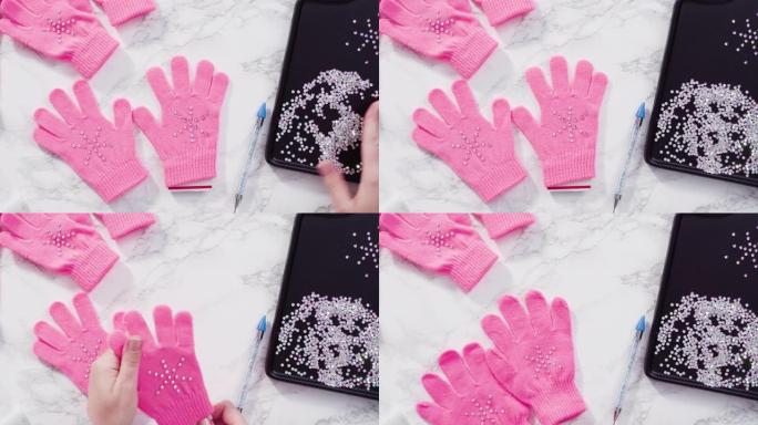 水钻粉色儿童手套