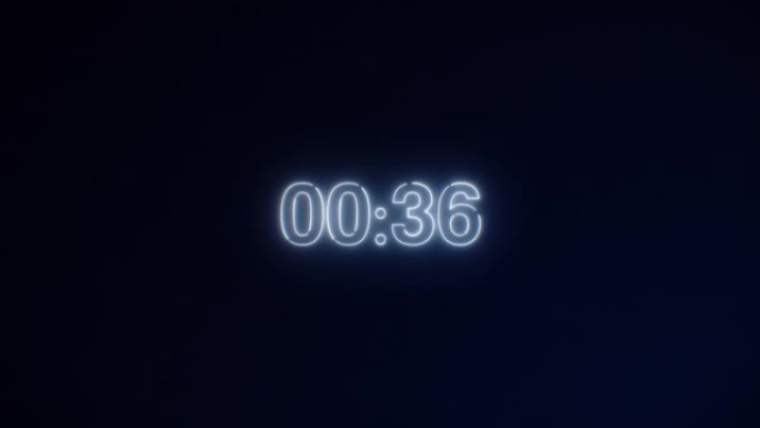 黑色背景上的白色霓虹灯60秒倒计时。运行动态灯。计时器从60到0秒。1分钟倒计时。30或10秒。速度