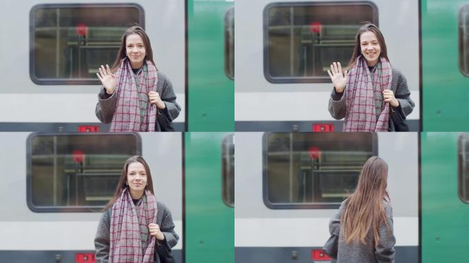 离开前，年轻女子在火车站挥手告别。