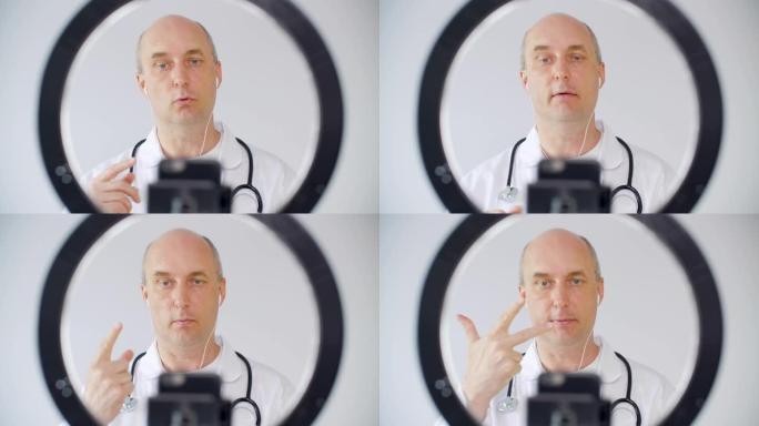 耳机专业男医生录制博客，对着镜头说话