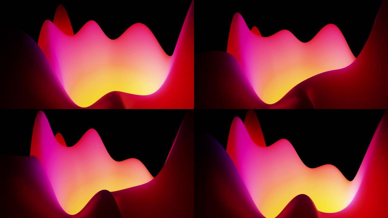 4k无缝环路，带抽象流体红色紫色梯度，内部辉光波浪形表面。美丽的颜色梯度作为抽象的液体背景，流畅的动