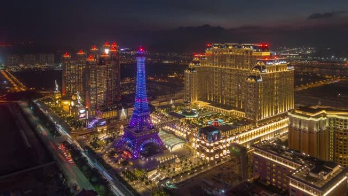 日落之夜照明著名的澳门海湾酒店屋顶全景4k延时中国