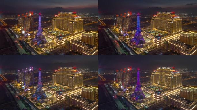 日落之夜照明著名的澳门海湾酒店屋顶全景4k延时中国