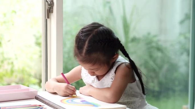 快乐的亚洲儿童学生或小女孩drawig coorig铅笔，喜欢在冠状病毒期间在白纸上写字，检疫呆在家