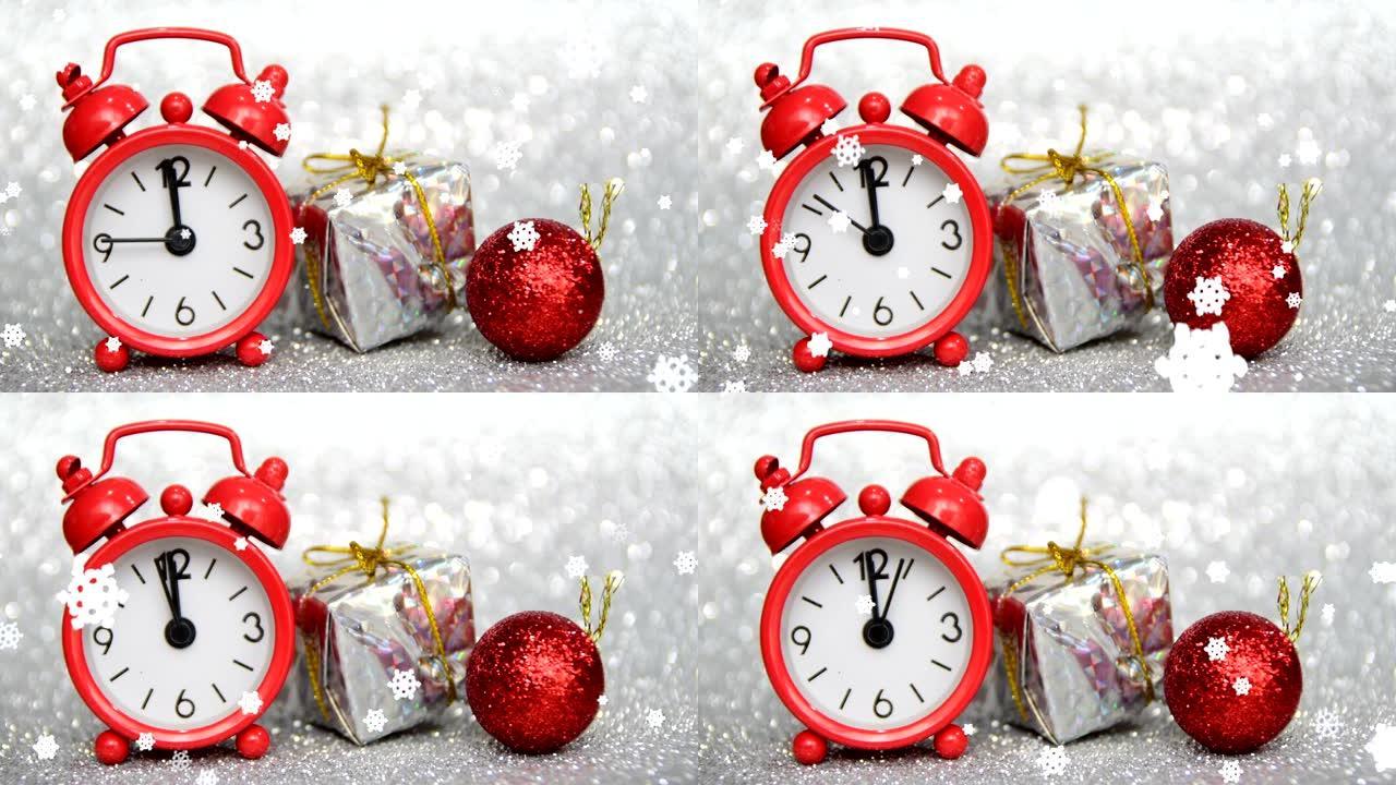 红色晚间手表数秒到午夜，新年和圣诞装饰与雪的效果
