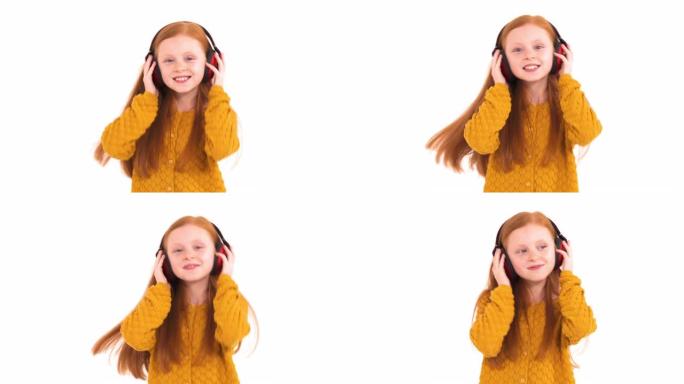 一个狡猾的小头发模特的肖像照片在无线耳机和舞蹈中享受音乐。真实的情感。孤立，在白色背景上