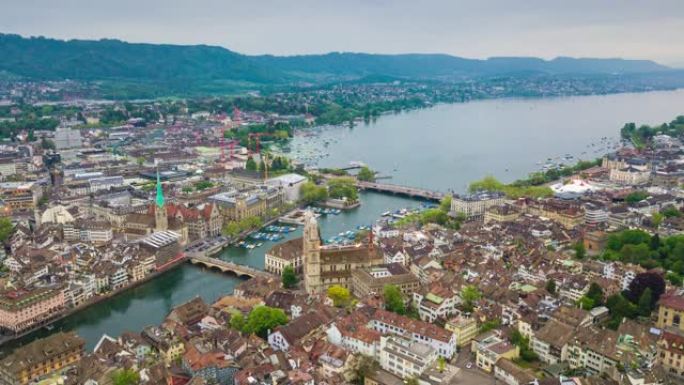 苏黎世城市景观河畔湖景空中全景4k延时瑞士