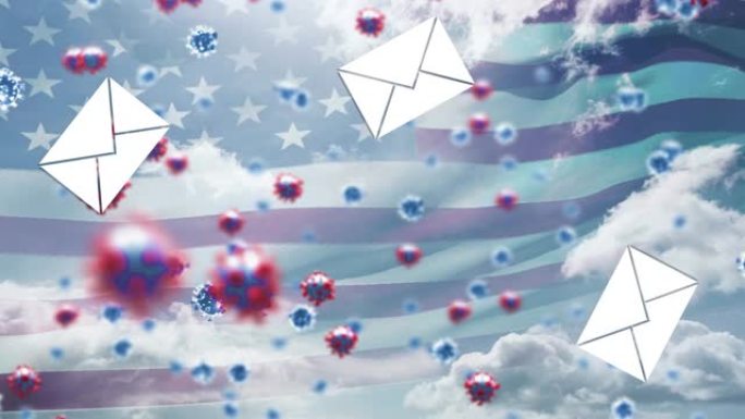 多个包膜图标和Covid-19细胞在天空的云朵中迎着美国国旗移动