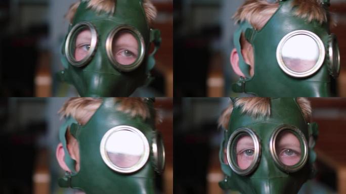 戴着防毒面具的男孩没有迹象表明抗议环境污染