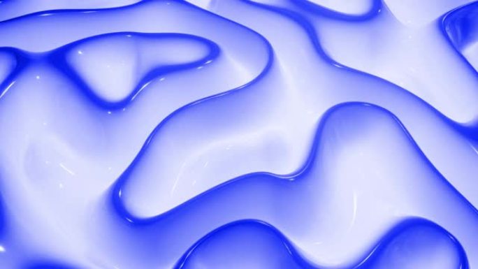 4k循环蓝色液体背景。蓝色流体明亮光泽表面上的抽象波浪形图案，光滑动画中的油漆流体上的波浪形图案。粘
