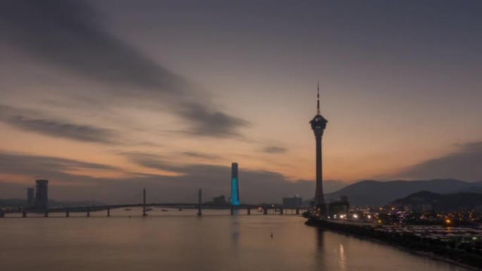 日落天空澳门城市著名的塔湾全景4k延时中国