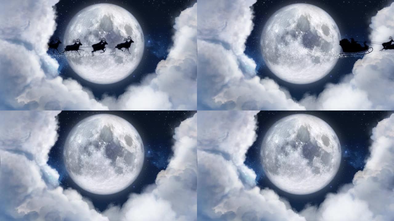蓝色的圣诞节之夜，带有月亮和云彩，带有圣诞老人的雪橇和驯鹿剪影，进出飞行，带有文本空间以放置徽标或复