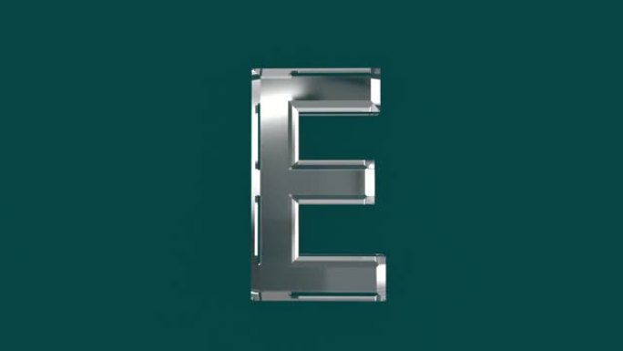 白色闪亮玻璃状字体或字母，带有移动反射，可在视频中生成单词-字母E隔离在绿色背景上，60FPS 4K