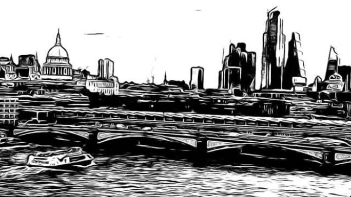 伦敦圣保罗大教堂泰晤士河商业金融区漫画水墨风格动画素材视频