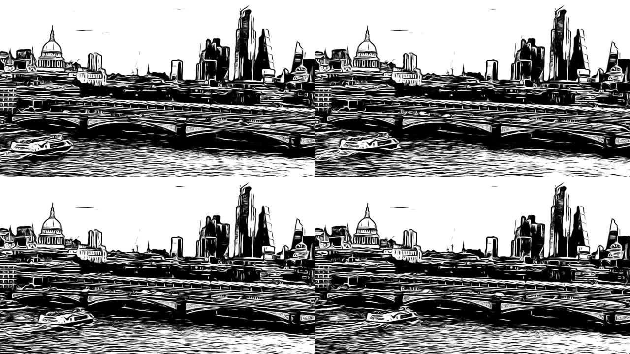 伦敦圣保罗大教堂泰晤士河商业金融区漫画水墨风格动画素材视频
