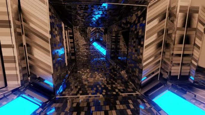 未来派反射式科幻隧道走廊，带发光的灯光和砖块纹理3d插图运动背景动态壁纸视觉vj循环