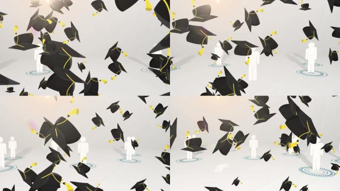 多个毕业帽落在多个人图标上保持社交距离