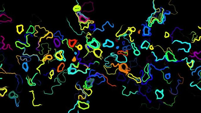 抽象创意循环bg，卷曲的线条像不同颜色的轨迹。线条形成像卷曲噪音一样的漩涡图案。抽象3d循环流动动画