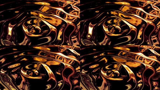 环形抽象背景，在闪亮的光泽表面上有波浪形闪闪发光的金色液体图案。粘稠的黄色流体，如金箔或明亮的玻璃表