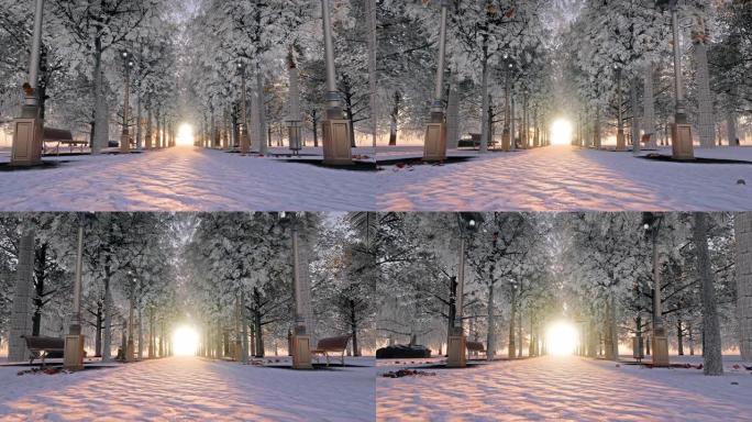 冬天，一台相机在白雪覆盖的公园中缓慢移动，树叶从树上轻轻落下
