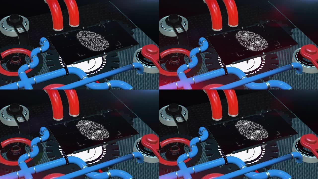 具有指纹发光的屏幕的机构的3D动画。移动齿轮，蓝色和红色管，黑屏