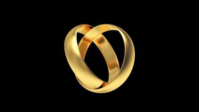 心形旋转两个金色结婚戒指的3D动画。阿尔法通道。4K