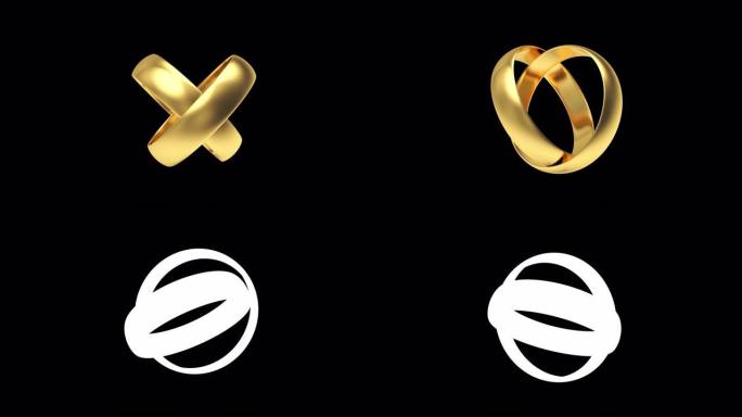 心形旋转两个金色结婚戒指的3D动画。阿尔法通道。4K