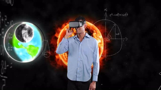 使用VR耳机的数学方程式和太阳系统漂浮在人体上