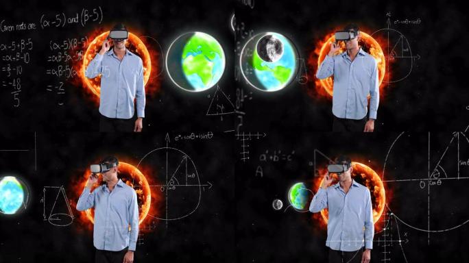 使用VR耳机的数学方程式和太阳系统漂浮在人体上