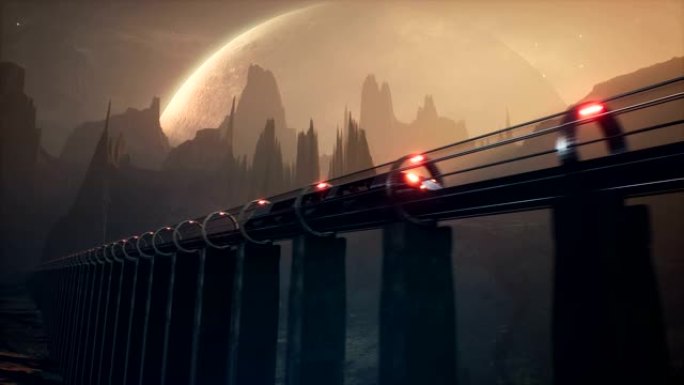 一辆悬浮的外星火车掠过一个未知的美丽星球。动画小说，未来或太空旅行背景。