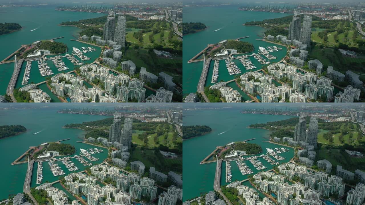 阳光灿烂的新加坡城市公寓综合游艇码头码头港口海湾空中全景4k