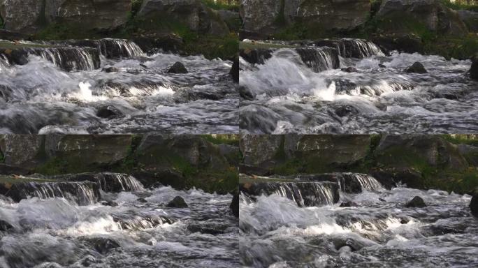 山河在长满苔藓的大石头中流动。开水。莫斯·斯通。