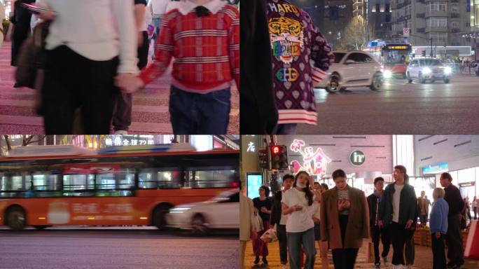 杭州城市夜晚行人过马路车流人流脚步