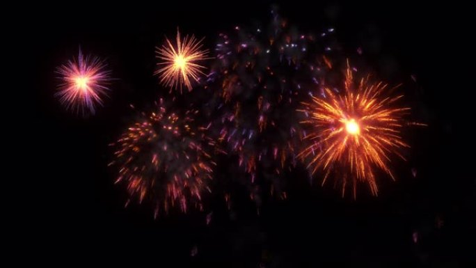 4K 3d动画烟火灯光秀。节日背景的多色烟花，如除夕、圣诞节和其他庆祝活动。鞭炮表演被隔离在黑色上进