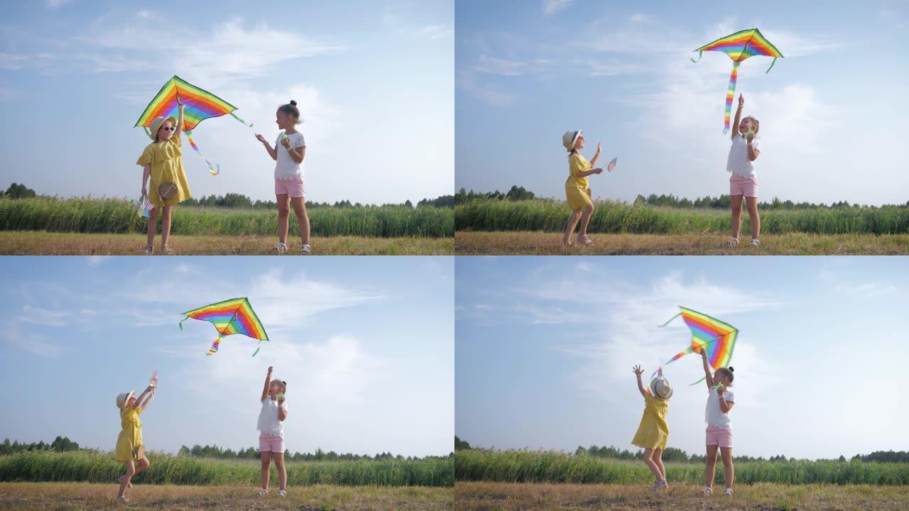 女孩玩风筝，小快乐的女朋友在暑假期间在森林林间空地上玩空气玩具