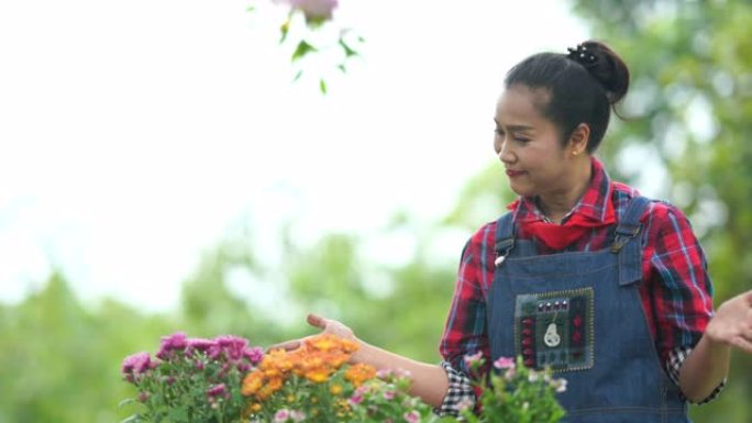 亚洲高级妇女检查花园中的花朵质量，骄傲地打手势