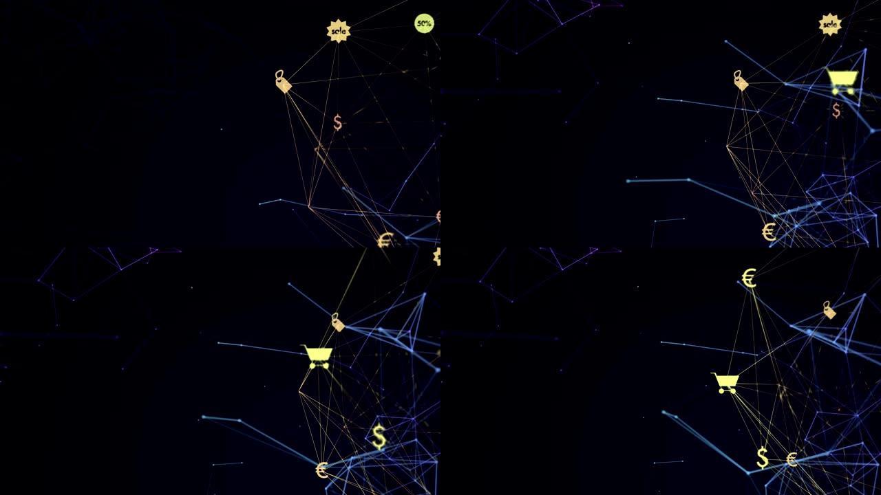 黑色背景下带有图标的网络连接的数字复合视频