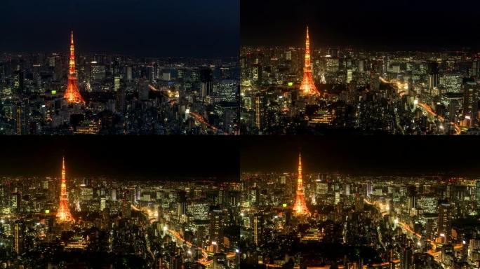 4k延时: 东京铁塔和东京天际线夜景，关东，东京，日本