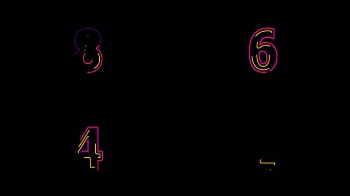 彩色粉红色，紫色和黄色笔画轮廓数字倒计时计时器从10到0秒在黑色背景。4k分辨率动画。