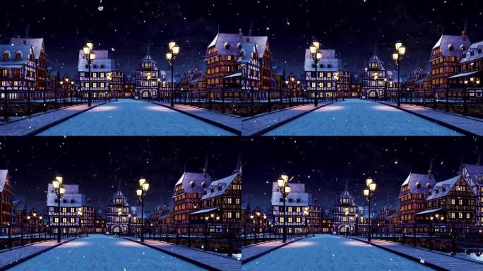 冬季晚上有降雪的欧洲小镇