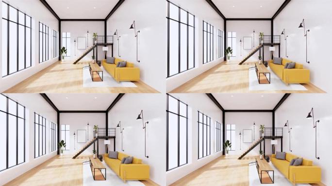 室内，现代阁楼式生活室内设计。3d渲染