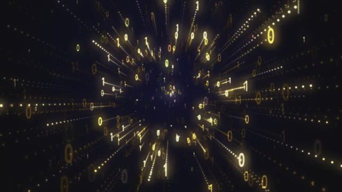 二进制代码黑色和金色背景，数字在屏幕上移动，数字时代的概念。算法二进制，数据代码，解密和编码，背景。