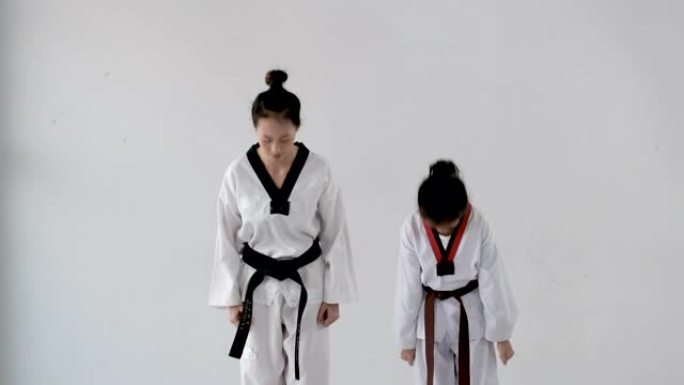 Takwondo老师和学生妇女和女孩代表准备以跆拳道一般姿势敬礼。腰带上的文字显示是指跆拳道。