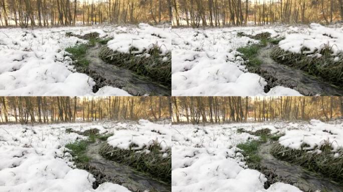 冬季河流景观雪地小溪空镜头
