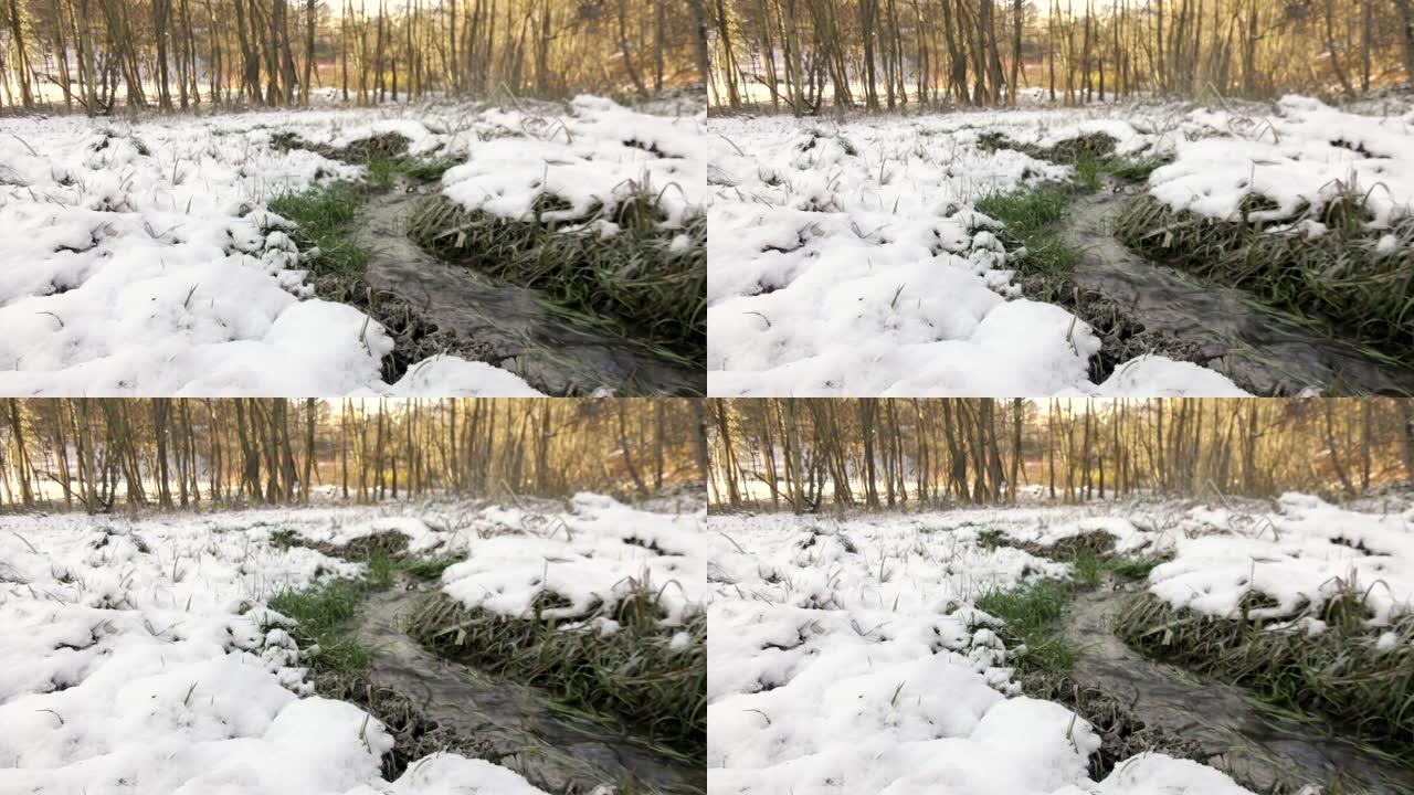 冬季河流景观雪地小溪空镜头