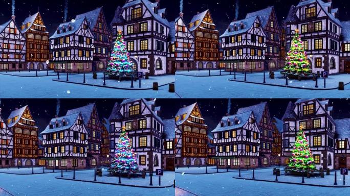 冬夜3D动画中欧洲小镇的照明圣诞树
