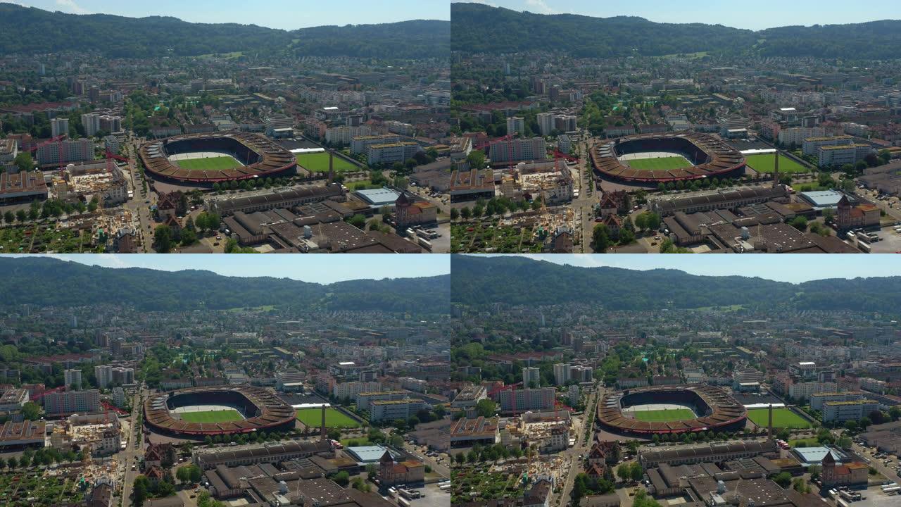 阳光明媚的苏黎世城市著名体育场空中全景4k瑞士
