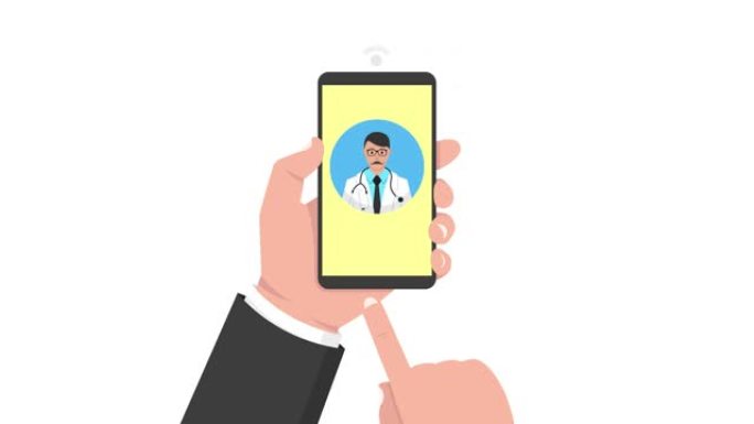 手持智能手机与男性医生随叫随到的在线咨询。4k分辨率。
