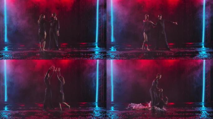一对激情情侣在雨中表演的Jive元素。在黑暗的工作室里拍摄，背景是黑烟，带有彩色照明。慢动作